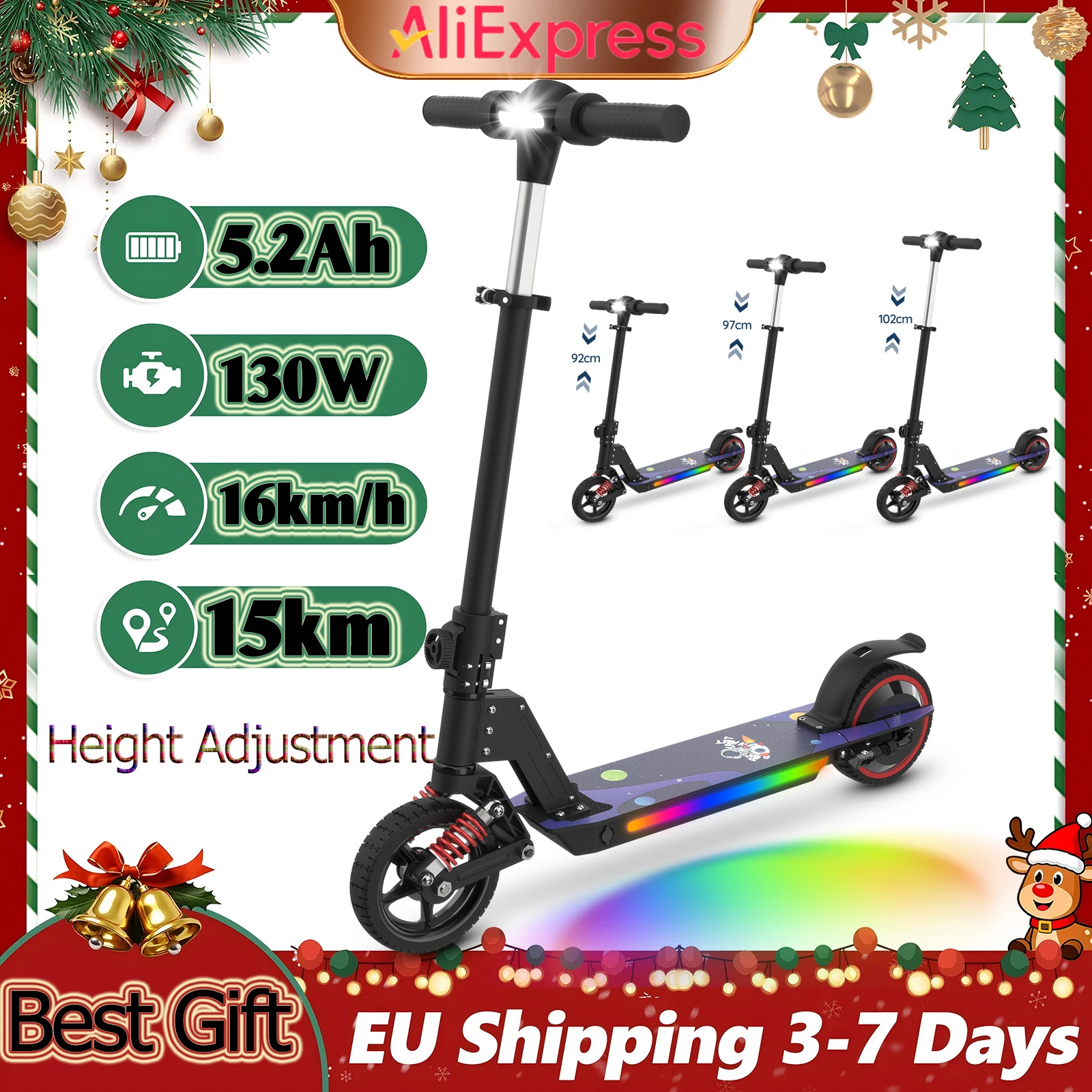 Trottinette électrique pour enfants et adolescents, autonomie de 15 km, 3 modes de vitesse, pneus de 6,5 pouces, double frein, 3 hauteurs, trottinette électrique pliable pour les 6-14 ans