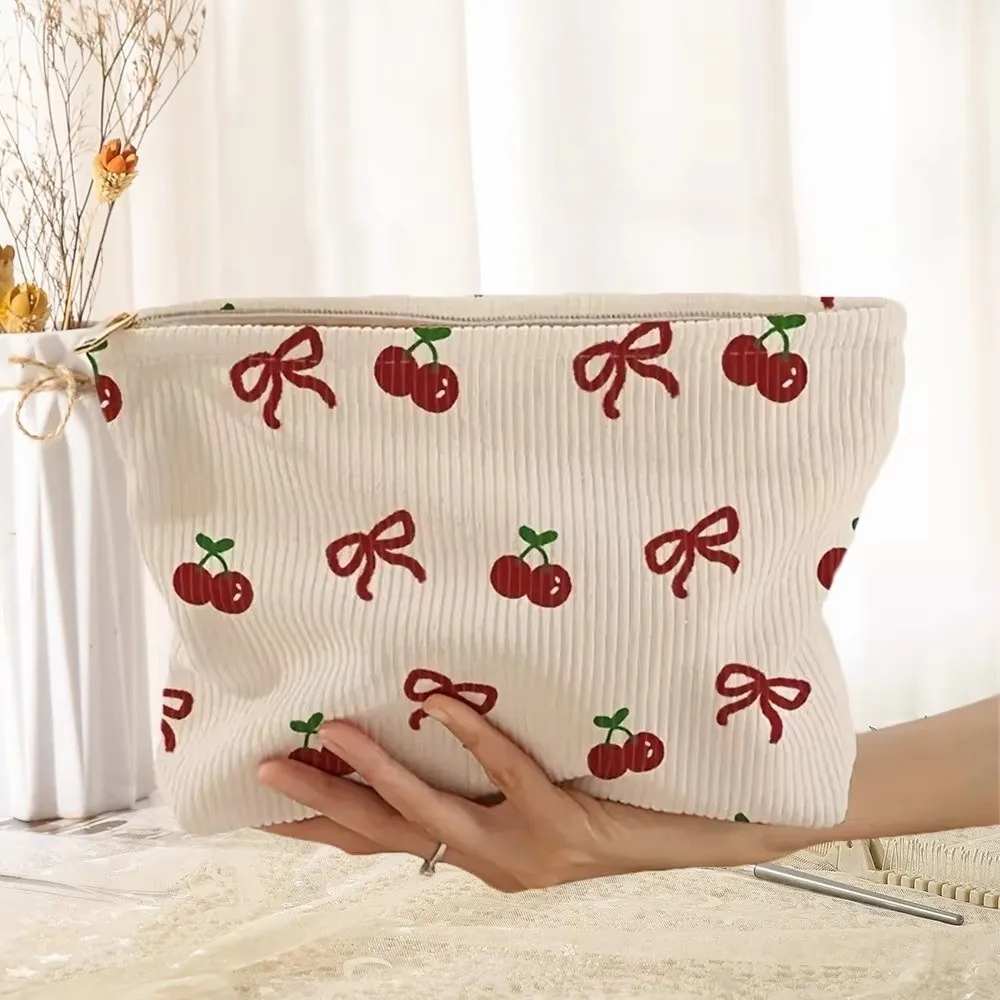 Pink Bow Corduroy Makeup Bag Corduroy Zipper Cosmetic Storage Bag Cherry Minimally Designed Corduroy Cosmetic Pouch