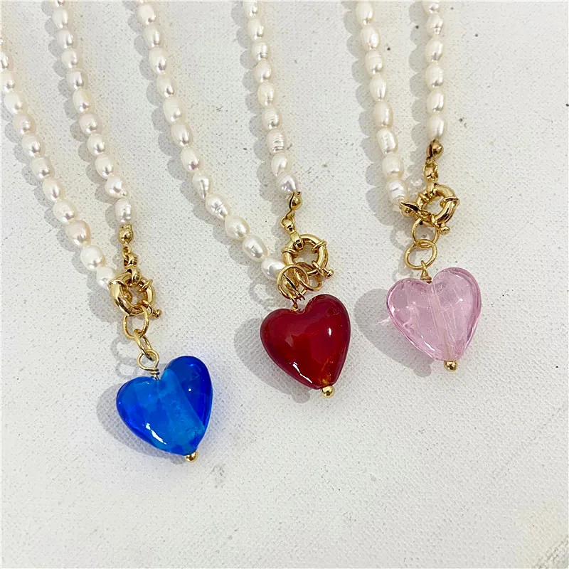 Kshmir 2021 Vintage baroque fresh water pearl pink/blue/glass heart pendant collarbone short necklace new girls jewelry gift