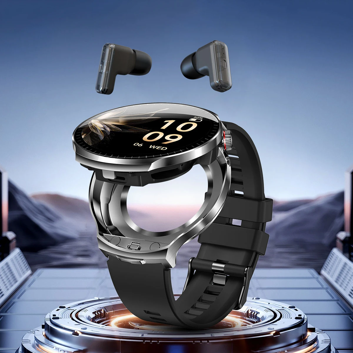 Rainbuvvy T100 TWS Build-in Earbuds Watch 1.85inch Screen With Wireless Earphones Blutooth Call Heart Rate Test Smart Watch