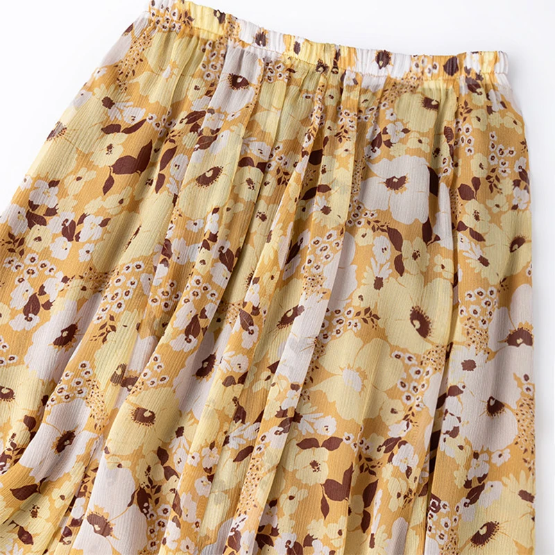 Women Silk Skirt 100% Mulberry Silk Yellow Floral Printed Long Type Maxi Skirt With Silk Lining Summer Beach Big Hem M1532