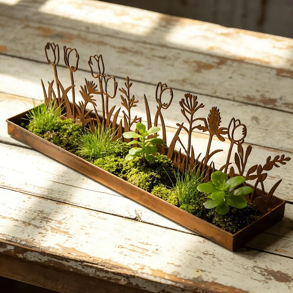 Creative Silhouette Flower Trough Iron Art Rectangular Metal Planter Decorative Garden Yard Ornament Modern Home Decor