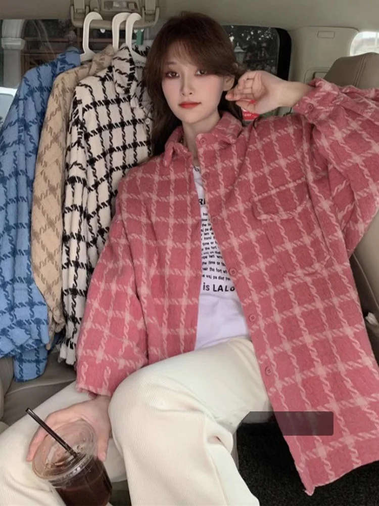 

Свободная удлиненная куртка в клетку для женщин, осенне-зимняя, дизайнерская, средней длины, верхняя одежда в корейском стиле, для повседневной носки
