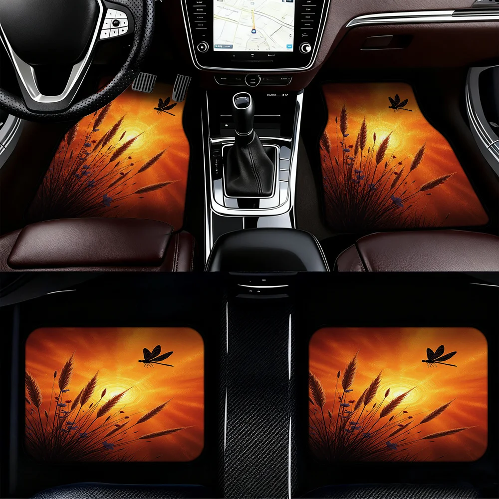 4pcs Car Foot Mats Featuring Dragonfly Sunset Silhouette Pattern, Compatible With Minivans Or Sedans, While Offering Easy Mainte
