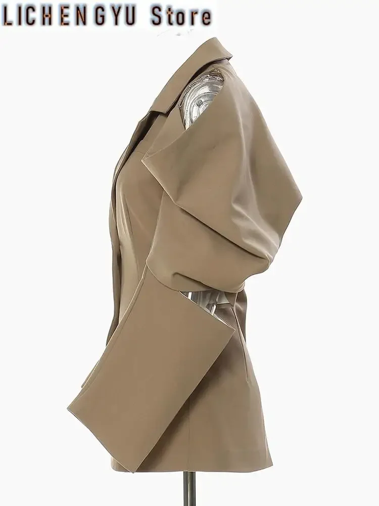 

Women Off Shoulder Chain Big Size Blazer New Lapel Long Sleeve Loose Fit Jacket Fashion Tide Spring Autumn