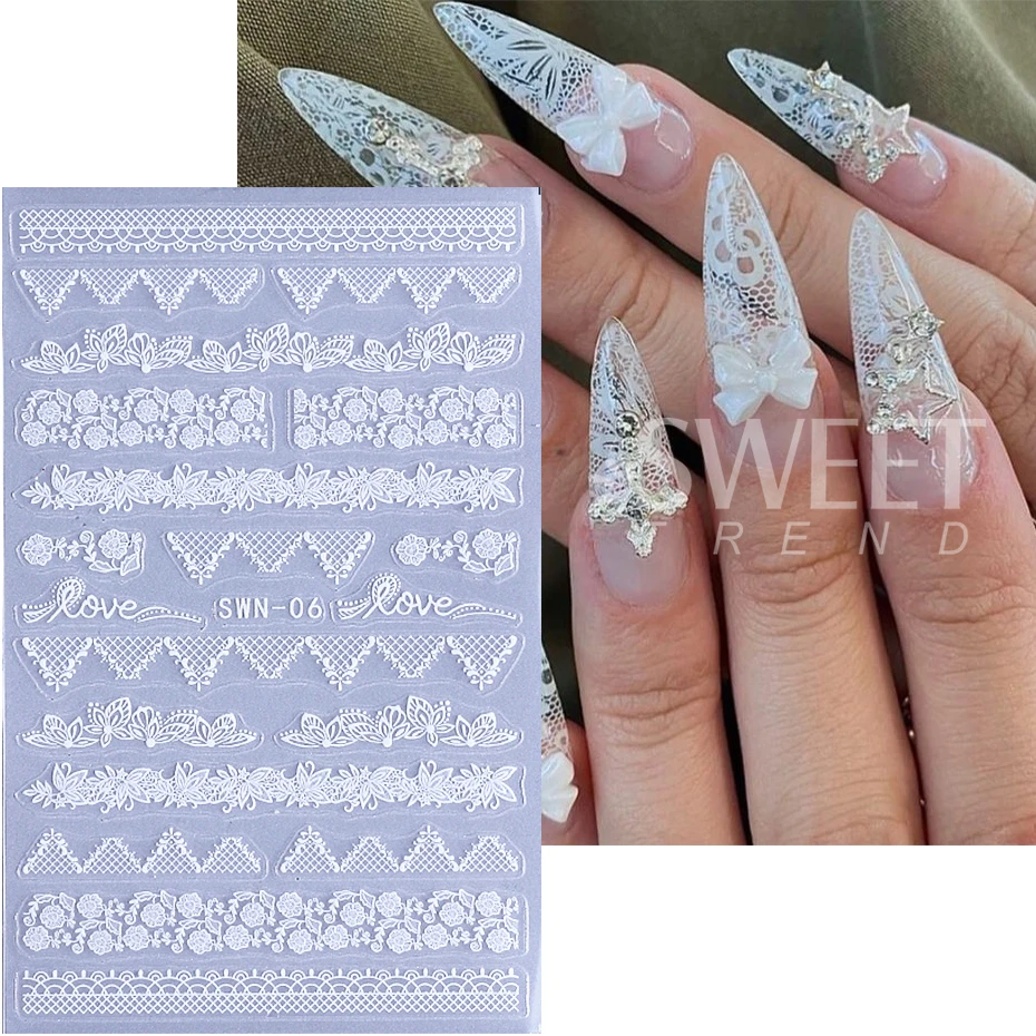 Autocollants pour ongles en dentelle, 2 pièces, breloque noire et blanche, fleurs en dentelle, conception de ligne Simple, décalcomanies pour ongles, curseur de mariage élégant, décoration de manucure