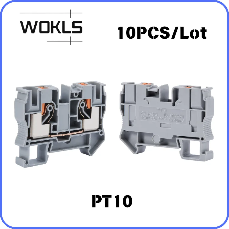 10PCS/LOT Din Rail Screwless Terminal Block 10mm² PT10 Push-in Spring Feed-Through Wire Connector 10Pcs
