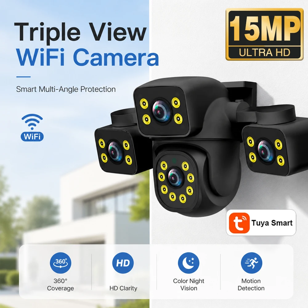 15MP IP Camera Outdoor Three-Lens External WiFi Camera Three Screen Security PTZ Cam Auto Tracking CCTV Surveillance