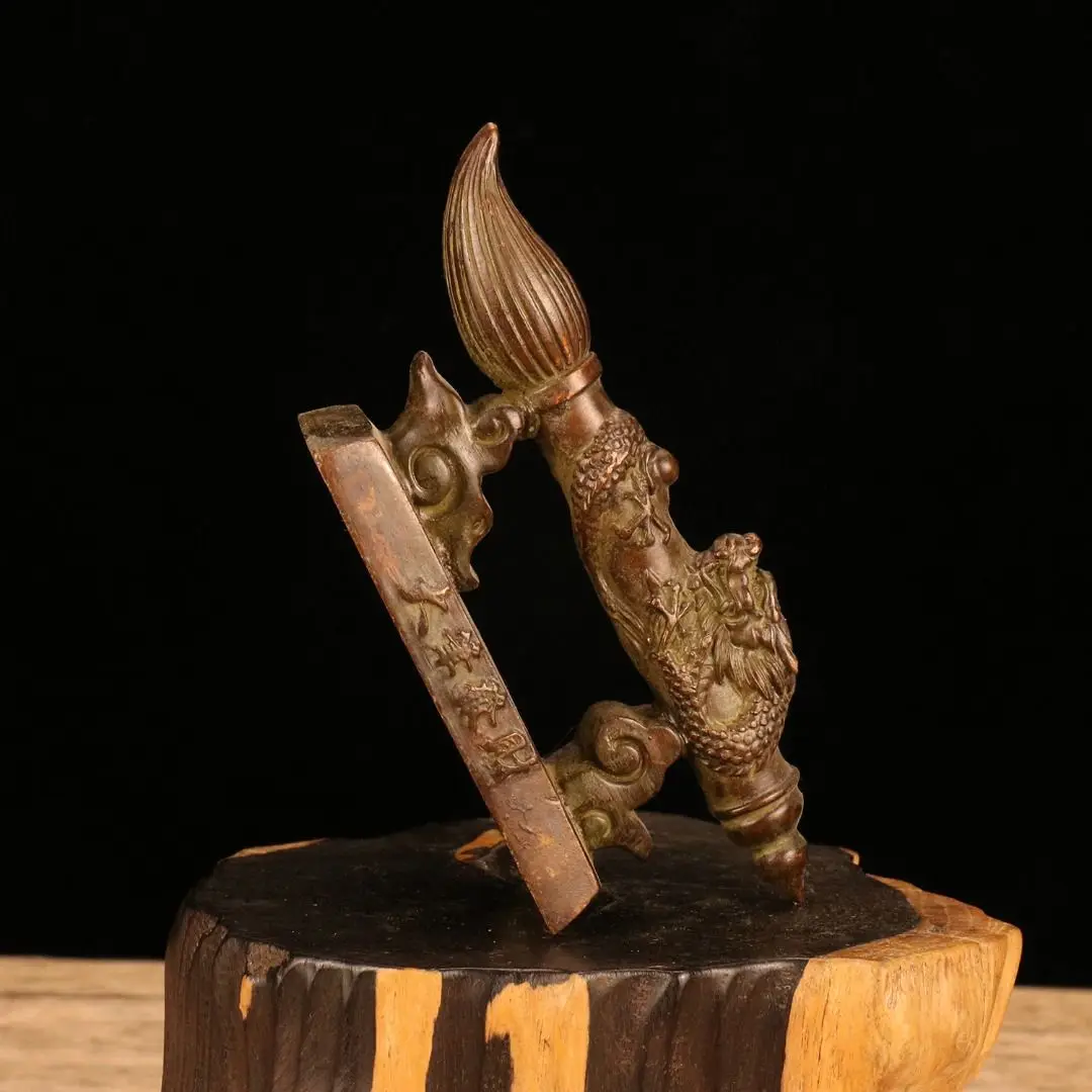 Alloy Ornament of Dragon-wrapped Wenchang Writing Brush, Mascot for Wealth and Academic Luck, Collectible Decor