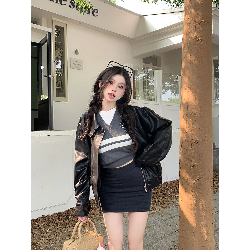 Premium Feel American Retro PU Leather Long Sleeve Jacket Women Loose Slimming Brown Coat Motorcycle Wear Autumn Fashion