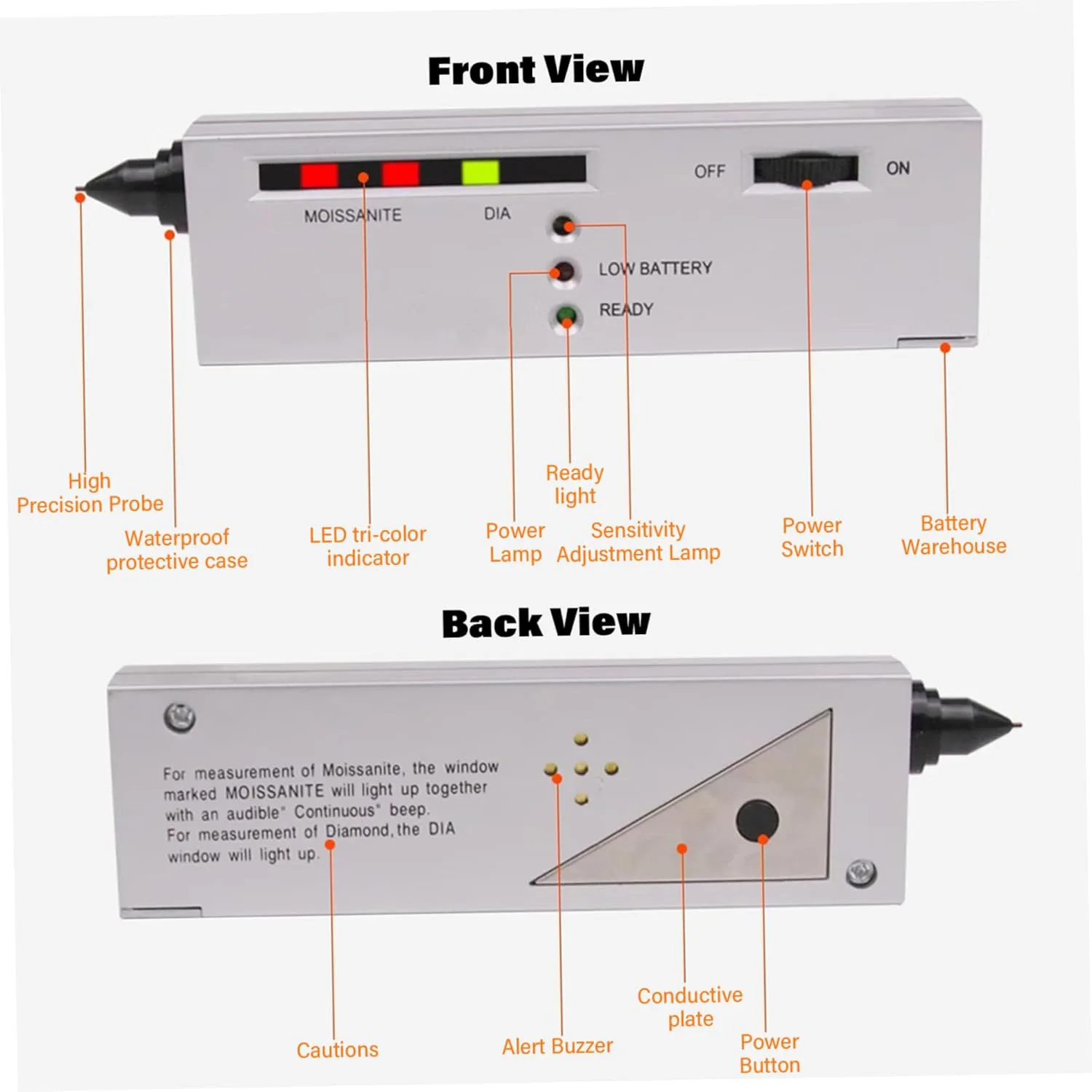أداة اختبار الماس المحمولة - قلم تحديد جوهرة المجوهرات السريع لاختبار الماس/اليشم/الزمرد/الكريستال