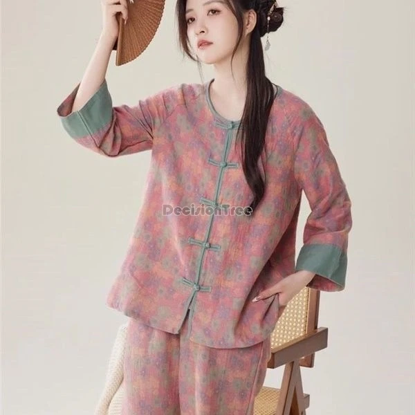 2026 new chinese improved retro ancient style women cotton hanfu pajama set autumn new long sleeve long pants home wear pajamas