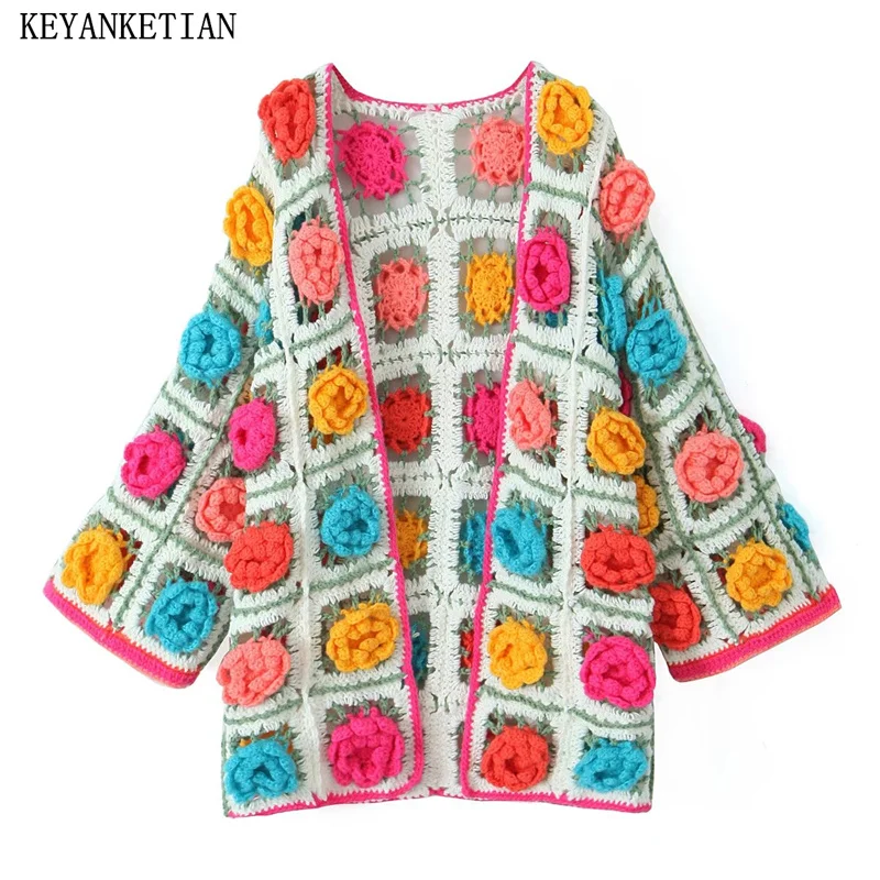 KEYANKETIAN Spring New Launch Women\'s Handmade Flower Crochet Sweater Cardigan Bohemian Chic Hollow out Coarse Yarn Knitwear Top