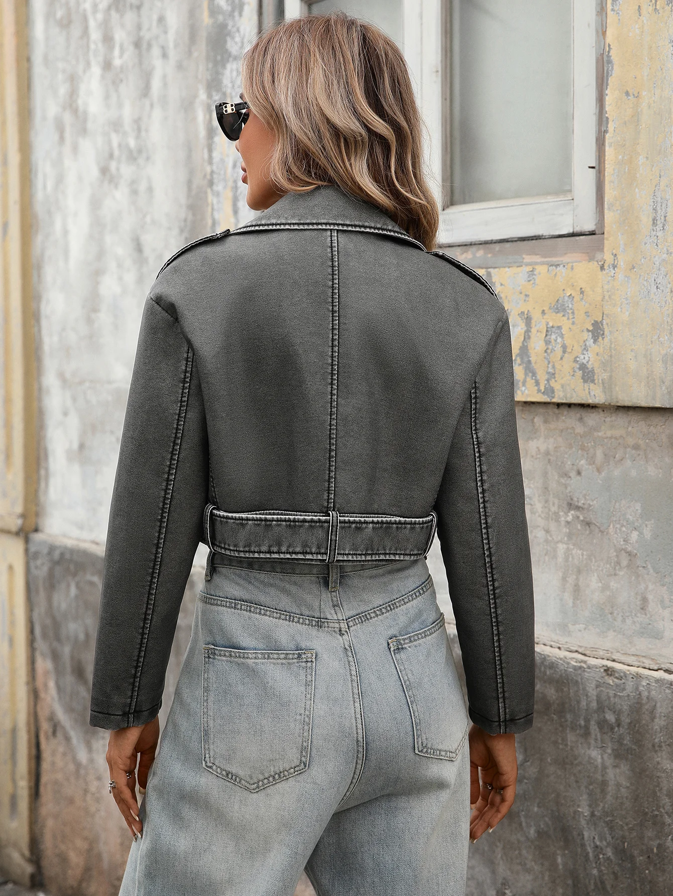Women's Faux Leather Cropped Jacket Lapel Zipper Biker Short Bomber Moto Coat with Belt