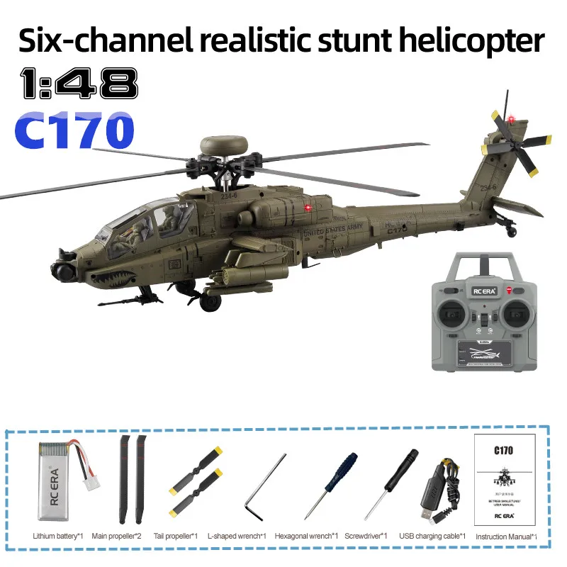 Helicóptero a Control Remoto C170 RC ERA Longbow Apache, Modelo AH-64D, Posicionamiento por Flujo Óptico, Inversión con un Clic, Juguete para Exteriores