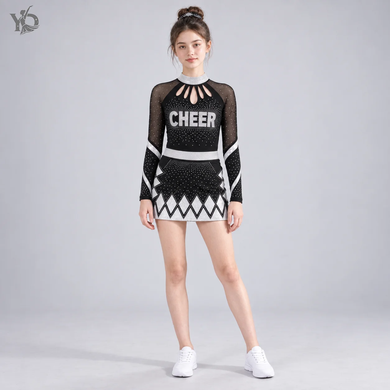 Girls Black Silver Crystal Cheer Dress Long Sleeve Sheer Mesh Keyhole Neck Rhinestone Skirt Youth Dance Competition Uniform Set