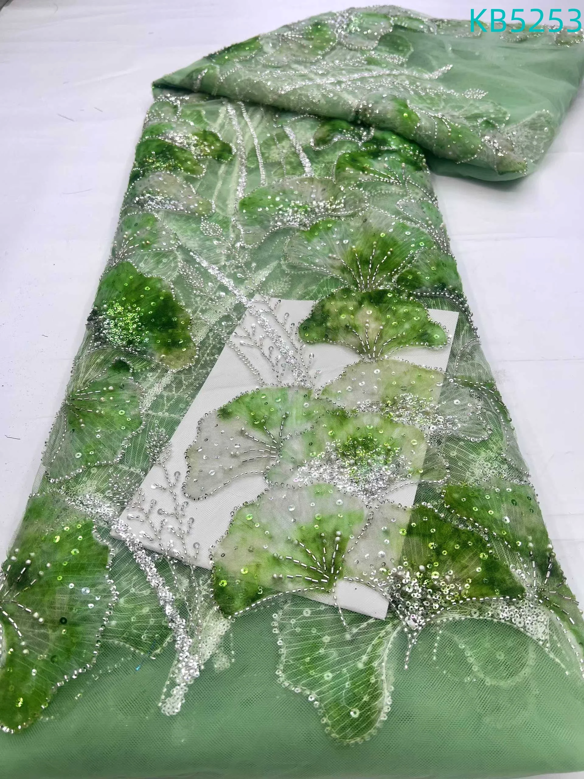 

African Lace Fabric 5 Yards High Quality 2025 Green Sequins Embroidery Beaded French Mesh Lace Fabrics For Wedding KB5253