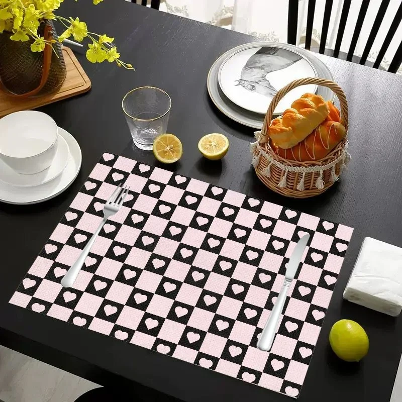 VIKAMA Christmas Placemat Pink Black Hearts Gingham, Waterproof Oil-Proof Heat-Resistant Dining Table Mat for Holiday Home