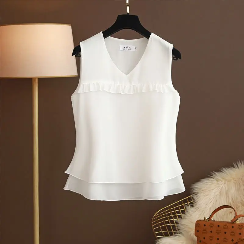 

Summer New V-neck Sleeveless Camisole Tank Top Sling Women Solid Patchwork Ruffles Loose Simple Fashion Korean Casual Thin Vest