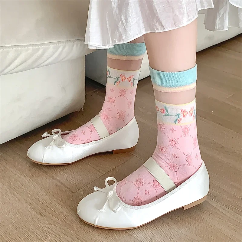 Socken Für Frauen Koreanischen Stil Süße Mädchen Floral Dünne Socken Atmungsaktive Weiche Bequeme Gemischte-farbe Spitze Nette Transparente Socken