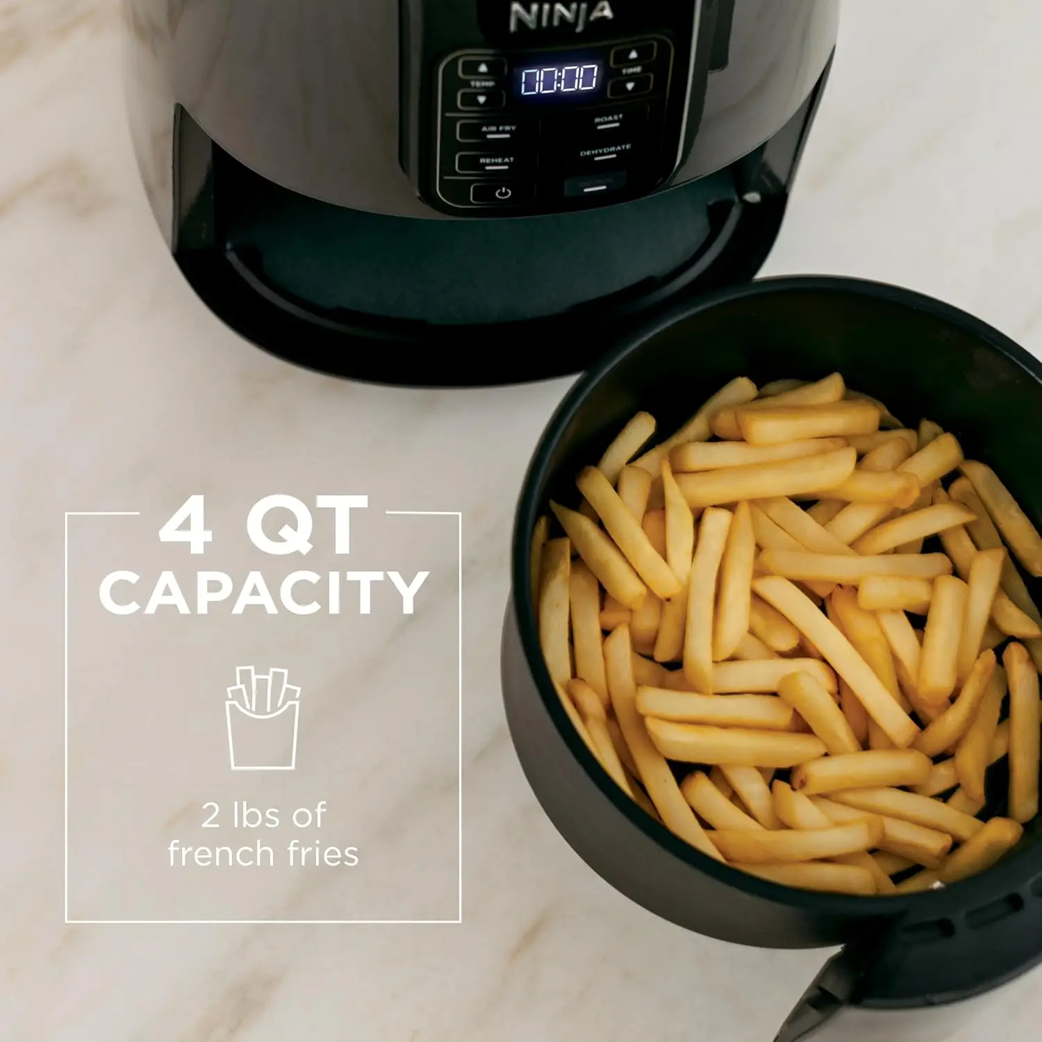 Ninja Air Fryer  4 QT Capacity  4-in-1 Roast, Crisp, Roast, Reheats, & Dehydrates  Dishwasher Safe Parts  105°F-400°F  Incl