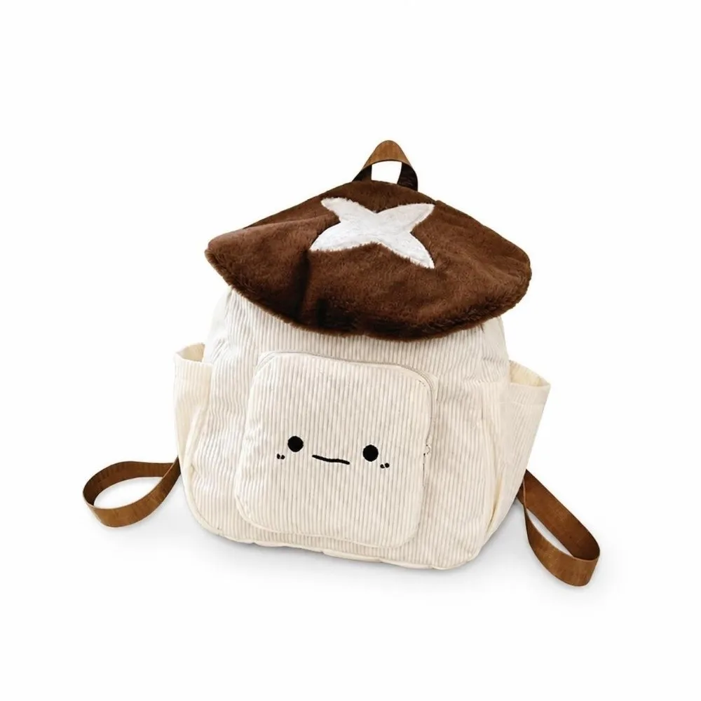 Cute Corduroy Cartoon Mushoom Backpack Black Red Coffee Large Capacity Schoolbag Flip Cover Star Dot Shoulder Bag Women Daily