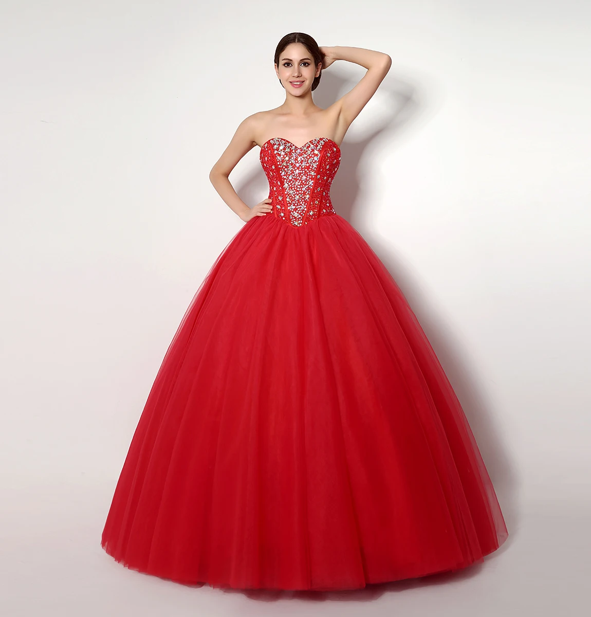 Temperament Pleats Crystal Lace Up Back Evening Dresses Graceful A-Line Sweetheart Organza Red Party Gowns vestidos de fiesta