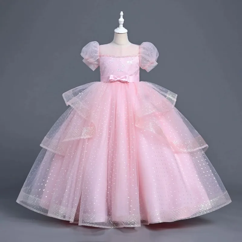 

Youth Girls Summer New Sequin Bubble Sleeves Long Mesh Fluffy Skirt School Graduation Ceremony Fashion Grand Evening Dress