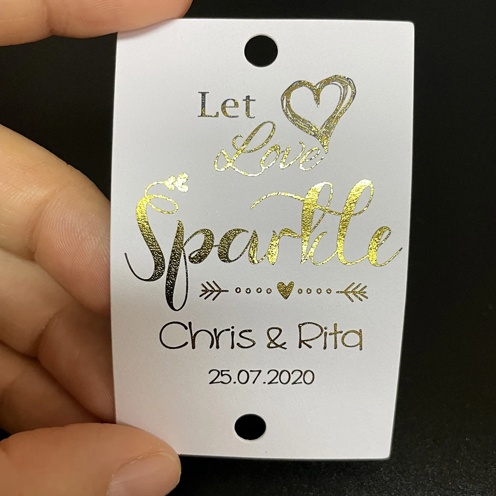 Etiquetas personalizadas de papel de aluminio dorado, barras brillantes, etiquetas de fuegos artificiales de boda, etiquetas personalizadas, 100