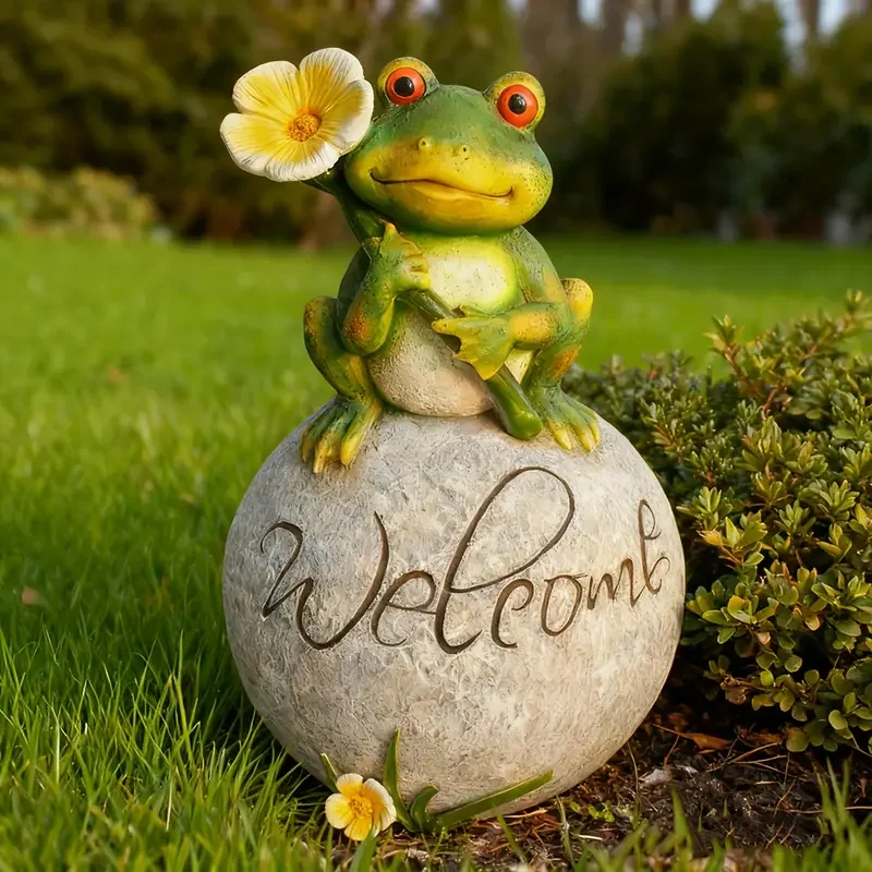 

Rustic Resin Frog Statue Welcome Sign Outdoor Garden Decor Green/Grey Whimsical Sculpture Red-Eyed Face Durable Lawn/Balcony