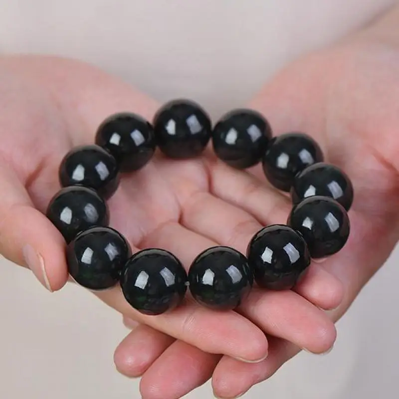 20mm Genuine China Nephrite Stone Green Jade Bracelet Men Women Fine Jewelry Chinese Natural Hetian Jade Big Bead Bracelets