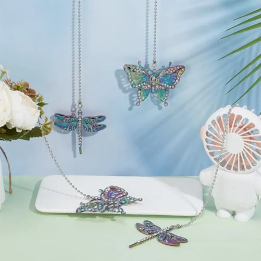 4Pcs Butterfly and Dragonfly Alloy Ceiling Fan Pull Chain Extenders, Retro Rainbow Ceiling Fan Extension with Steel Ball Chain view 5