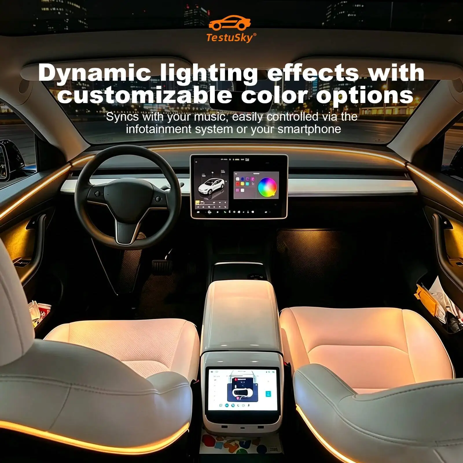 Dynamic Full-length ambient lighting For Tesla Model Y 21-24 LED Ambient Light Atmosphere 256 Static Monochrome Colors Lamp Kit