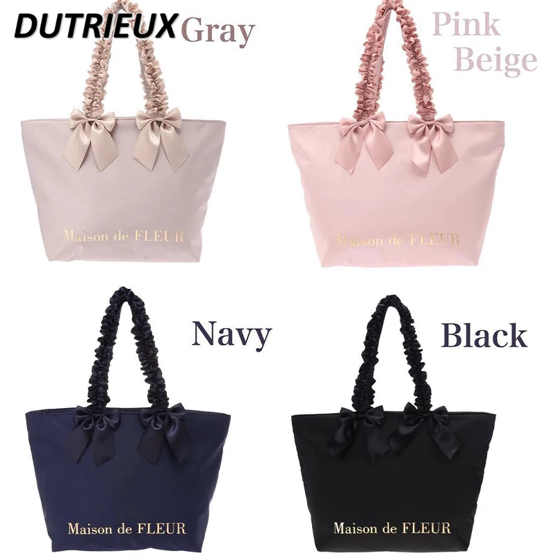 Zipper Satin Bow Lolita Handbag Pear Sweet Cute Ladies Bags Flower Ruffled Shoulder Mummy Bag Japanese Style Women's Handbags