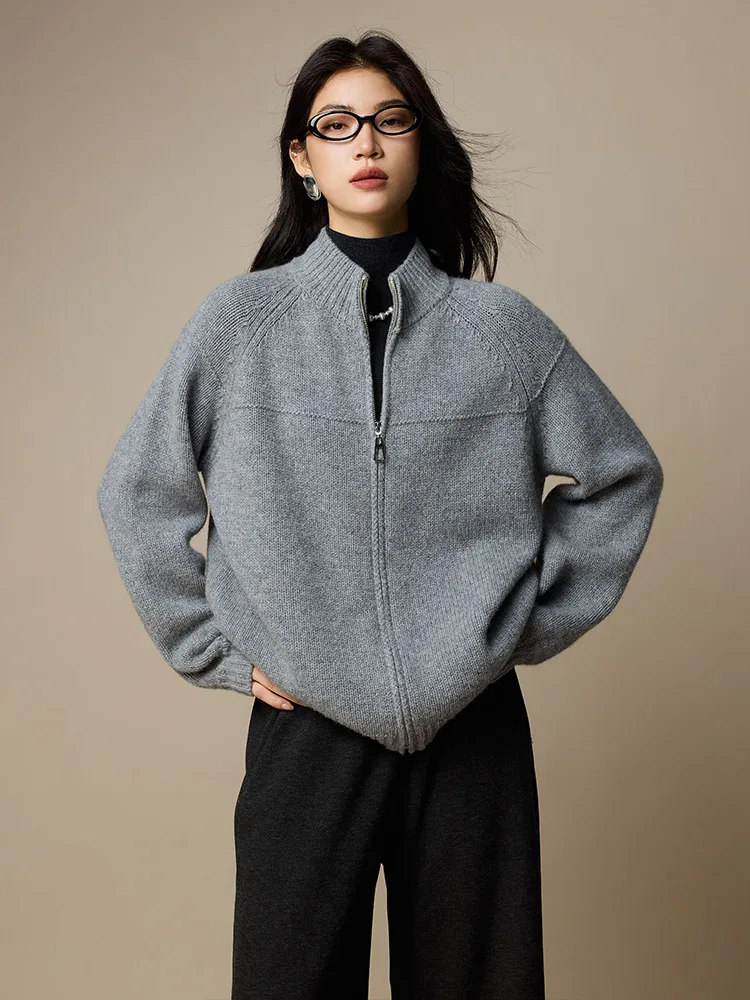 Birdtree, 100% schapenwollen vest, dames gebreide opstaande kraag tops, rits body fit trui, 2025 herfst winterjas, grijs T5N207JF