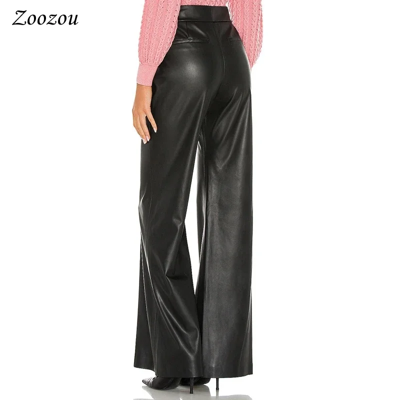 Women Faux Leather High Waist Wide Leg Pants Office Ladies PU Leather Loose Casual Long Trousers New Support Custom