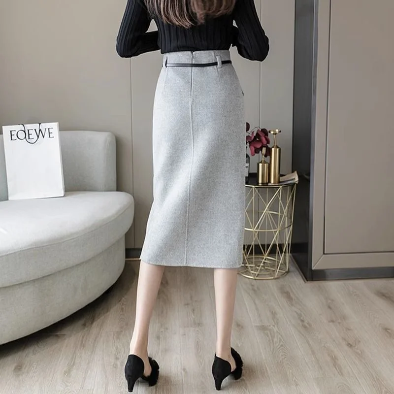 Oversized Elegant Winter Skirt for Women Luxury Korean Fashion Warm Woolen Black Office Split Skirts Midi Jupes Faldas with Belt