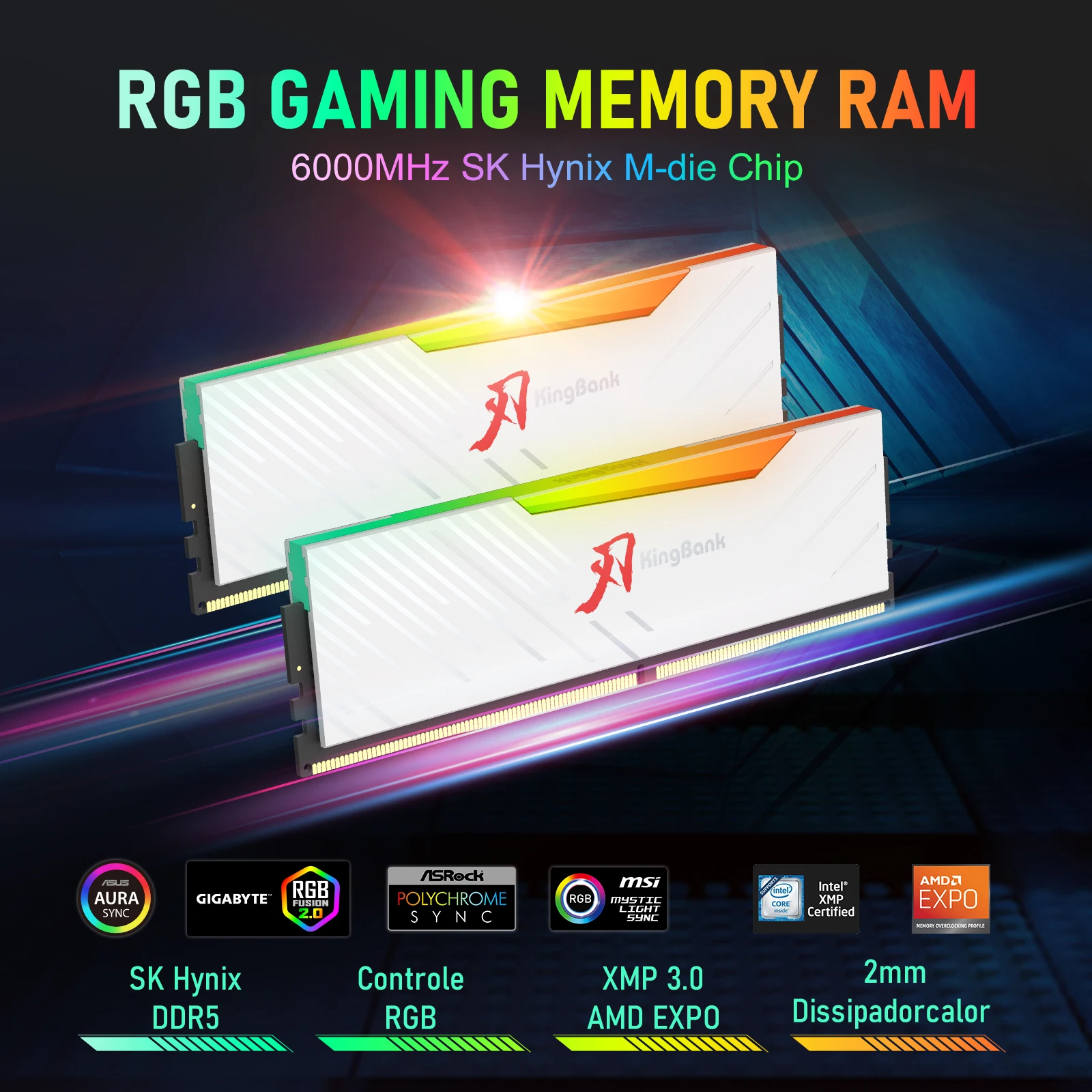 Kingbank RGB počítač plocha paměť beran hynix m-die DDR5 32gb(2x16gb) 6000mhz CL30 1.35V s chladičem pro plocha herní