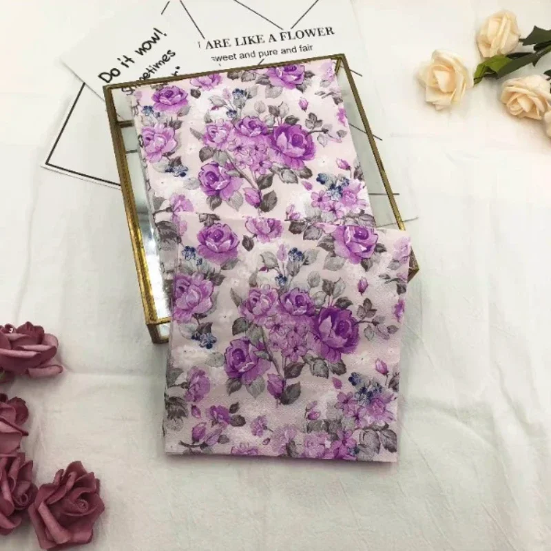 20pcs/pack Colourful Printed Napkins 2 Ply Purple Flowers Lipstick Paper Western Restaurant Wedding Wine Glass Flower Paper