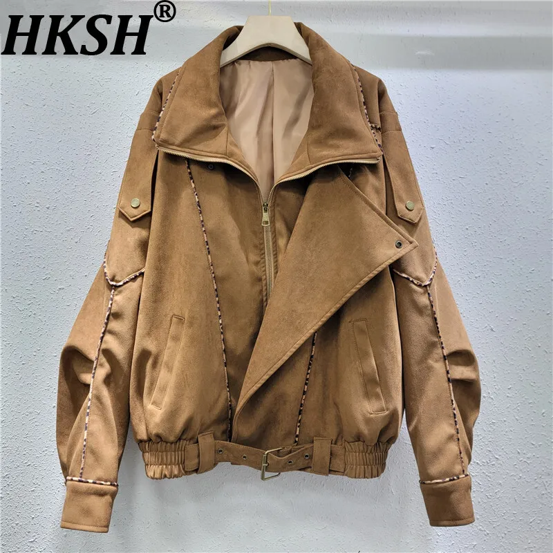 

HKSH Spring Autumn New Women Jacket Turn-down Collar Zipper Pockets Elastic Hem Korean Tide Chic Streetwear Stylish Coat HK11975