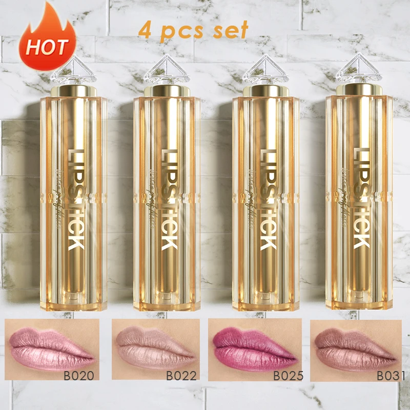 4 PCS Kit Pearl Shimmer Lipstick Metallic Glitter Lipstick Long Lasting Cruelty Free Nude Pink Long Lasting Waterproof 4 Colors