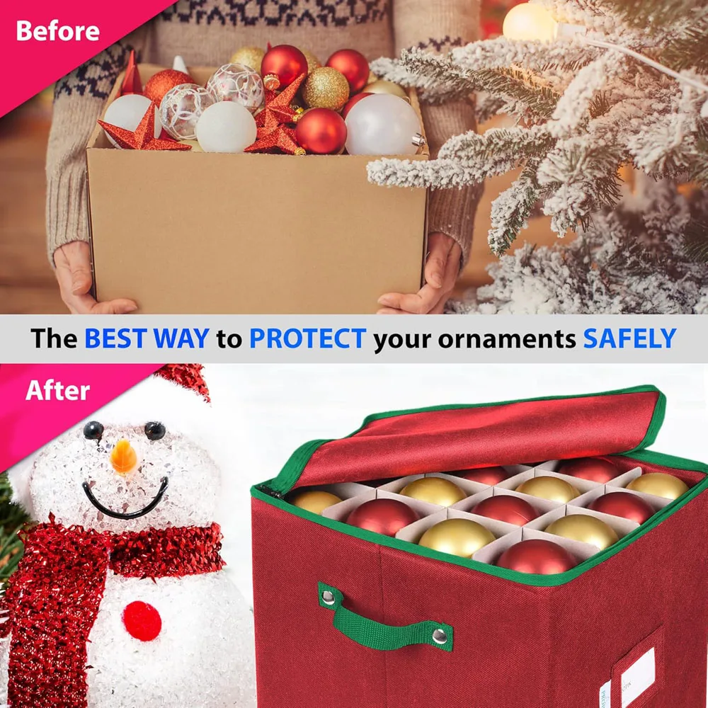 Christmas Ornament Storage Box with Dividers Stores up to 64 Holiday Ornaments Decorations Storage Container and Organizer