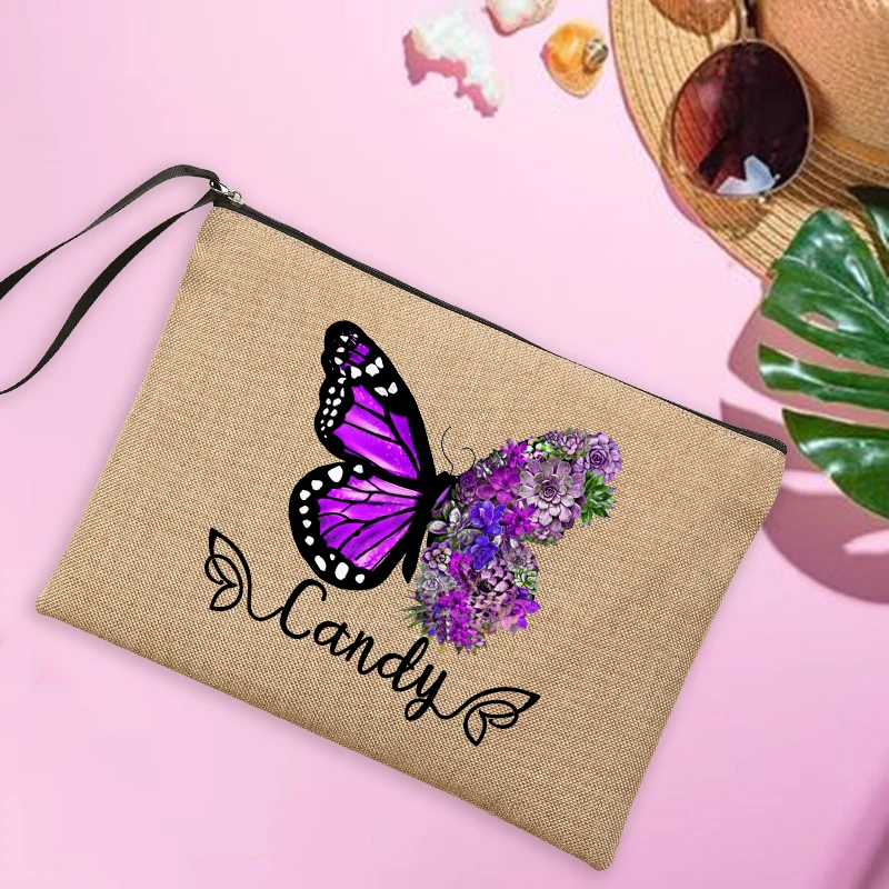 Custom Name Women\'s Linen Makeup Bag Personalised Butterfly Travel Clutch Bags Beach Sunglasses Sunscreen Storage Pouches Gifts