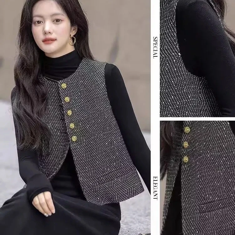 

2024, весенне-осенний новый жилет с круглым вырезом, небольшой ароматный жилет, женская модная стильная тонкая куртка без рукавов, женский короткий топ