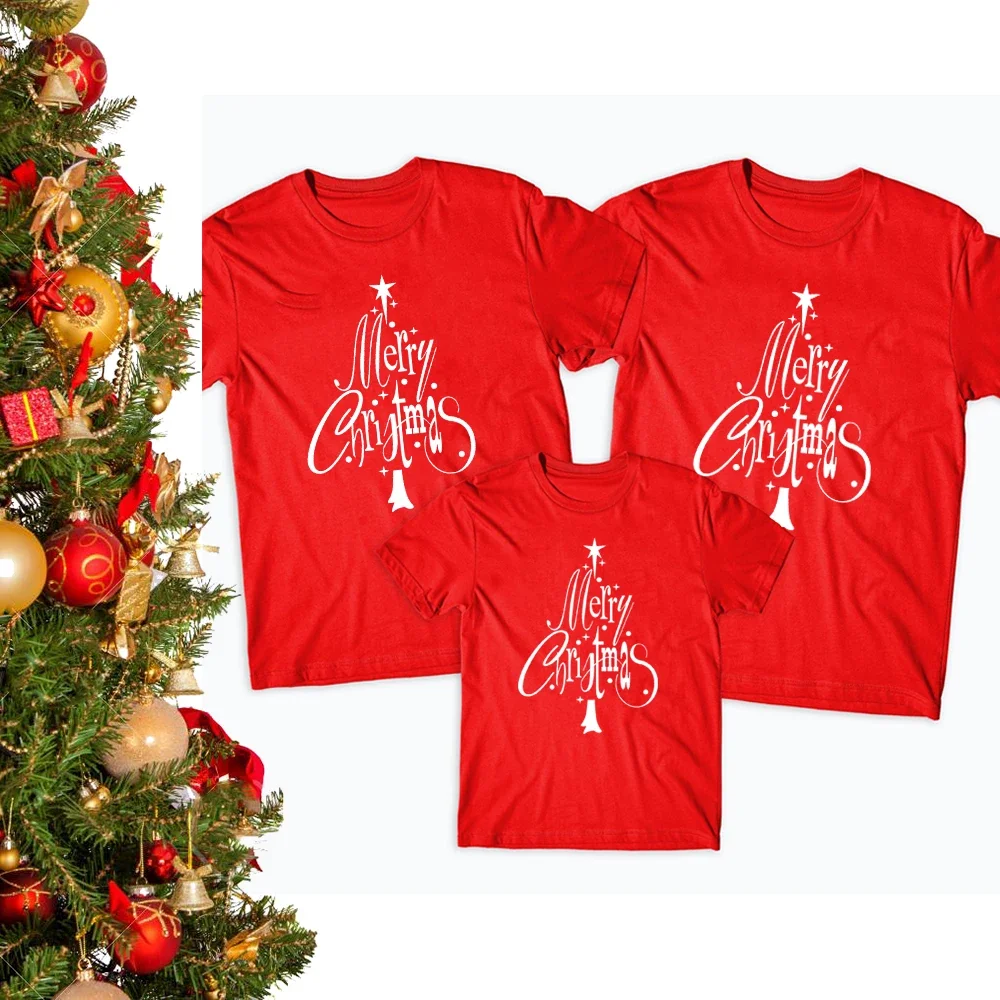 Merry Christmas Tree Family Matching Red Clothes Dad Mom Kids Tees Xmas Fashion T-Shirts