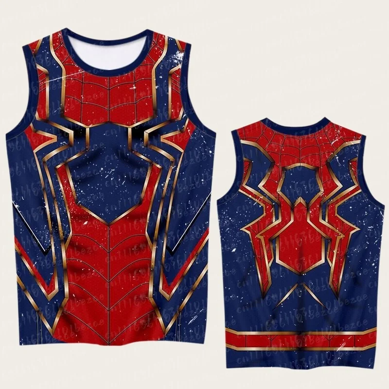 Eltern-Kind Spider Hero 3D-Druck Ärmelloses Tanktop, Rot-Blau-Goldenes Netzmuster Sporttrikot, 100% Polyester Atmungsaktiv – Detail 10