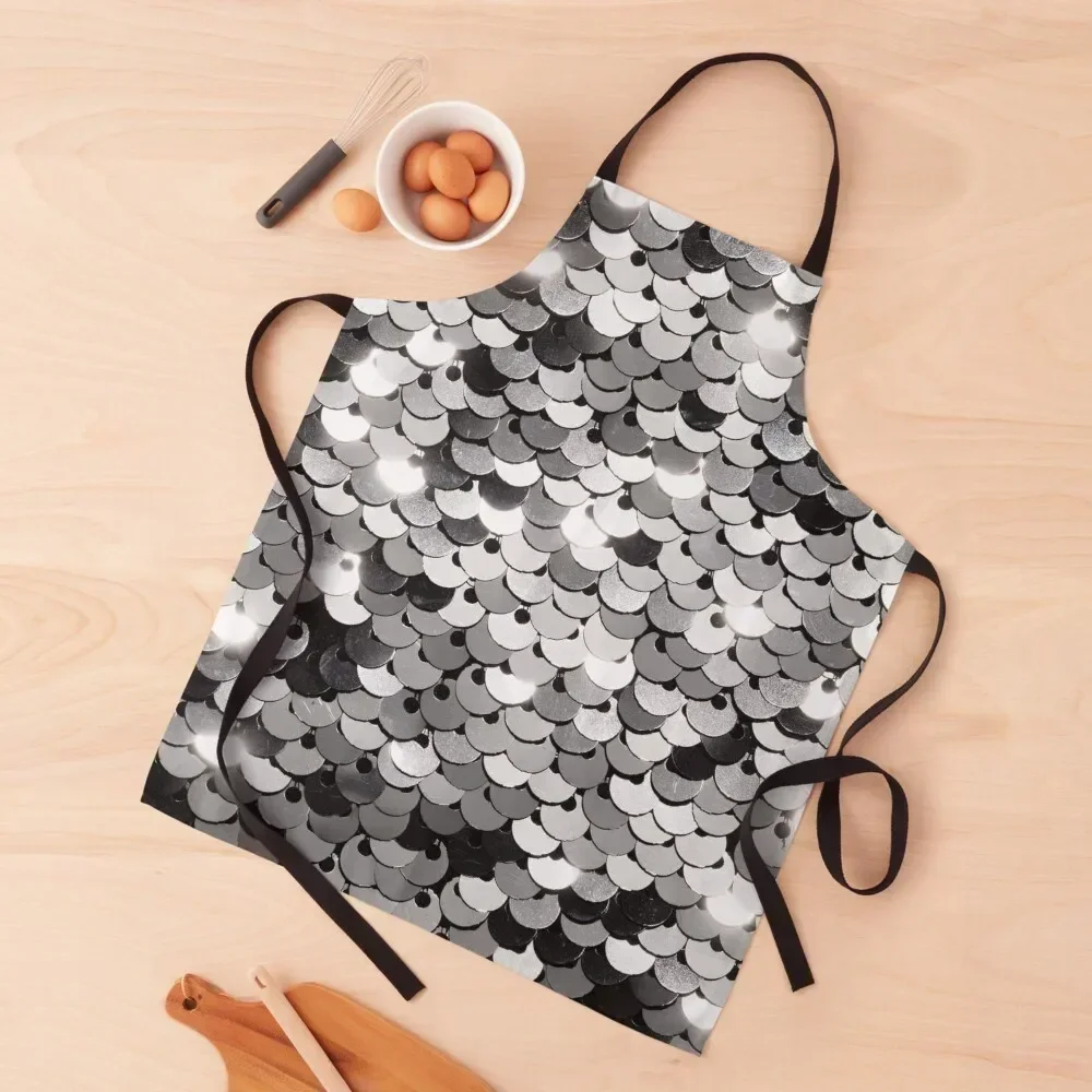 

Glittery Silver and Black Sequins Apron Children'S kitchen clothes men Apron