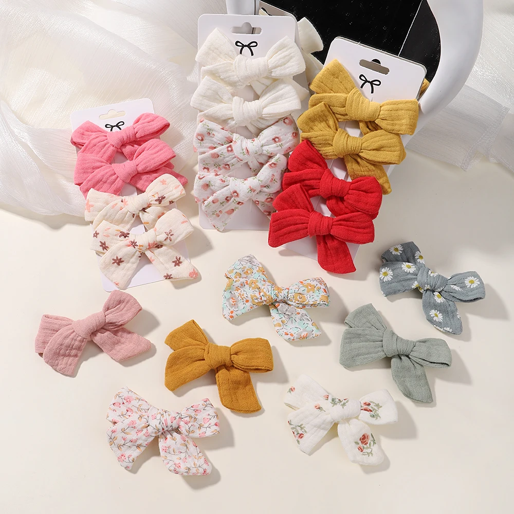 1 Set Sweet Girls Hair Bows Clip Hairpins Headwear Soft Cotton Linen Hairclip for Kids Barrette Print Delicate Hair Accessories