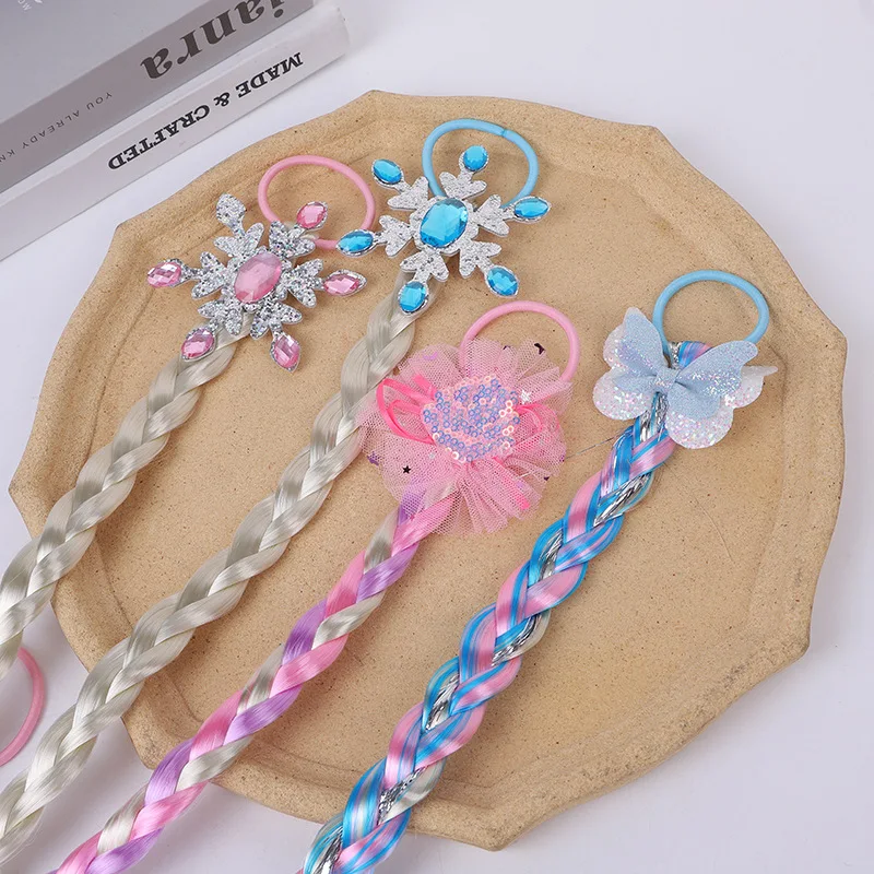 Tollder Girls Snowflake Braided Wig Hair Ring Children Colorful Long Braid Hair Tie Kids Party Rainbow Headwear Princess Cos Tie