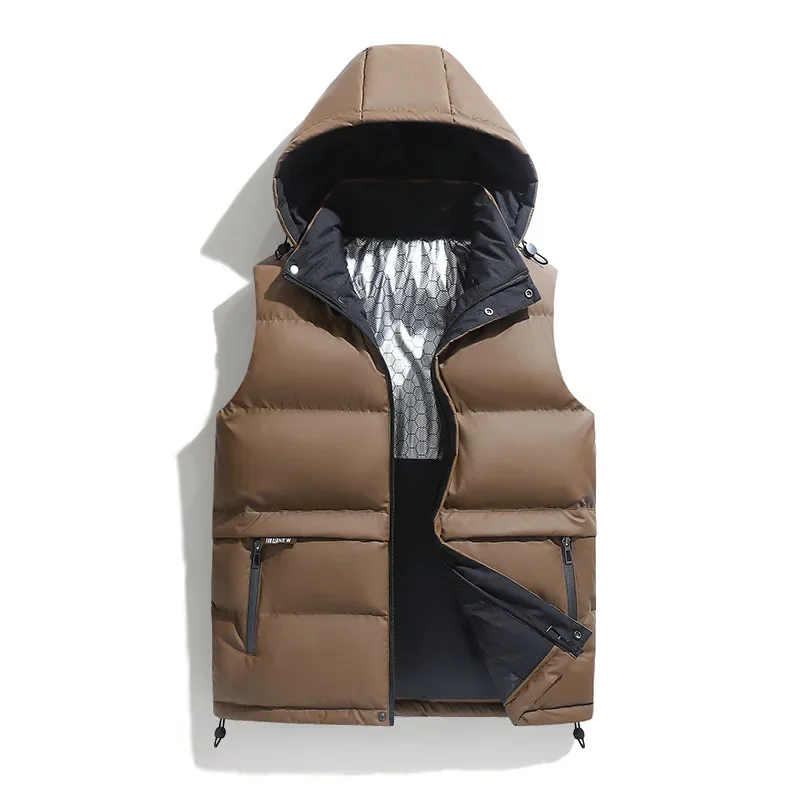 Men Down Vest Winter Thicken Cold-proof Solid Color Sleeveless Jacket Zipper Versatile Male Detachable Hooded Waistcoat